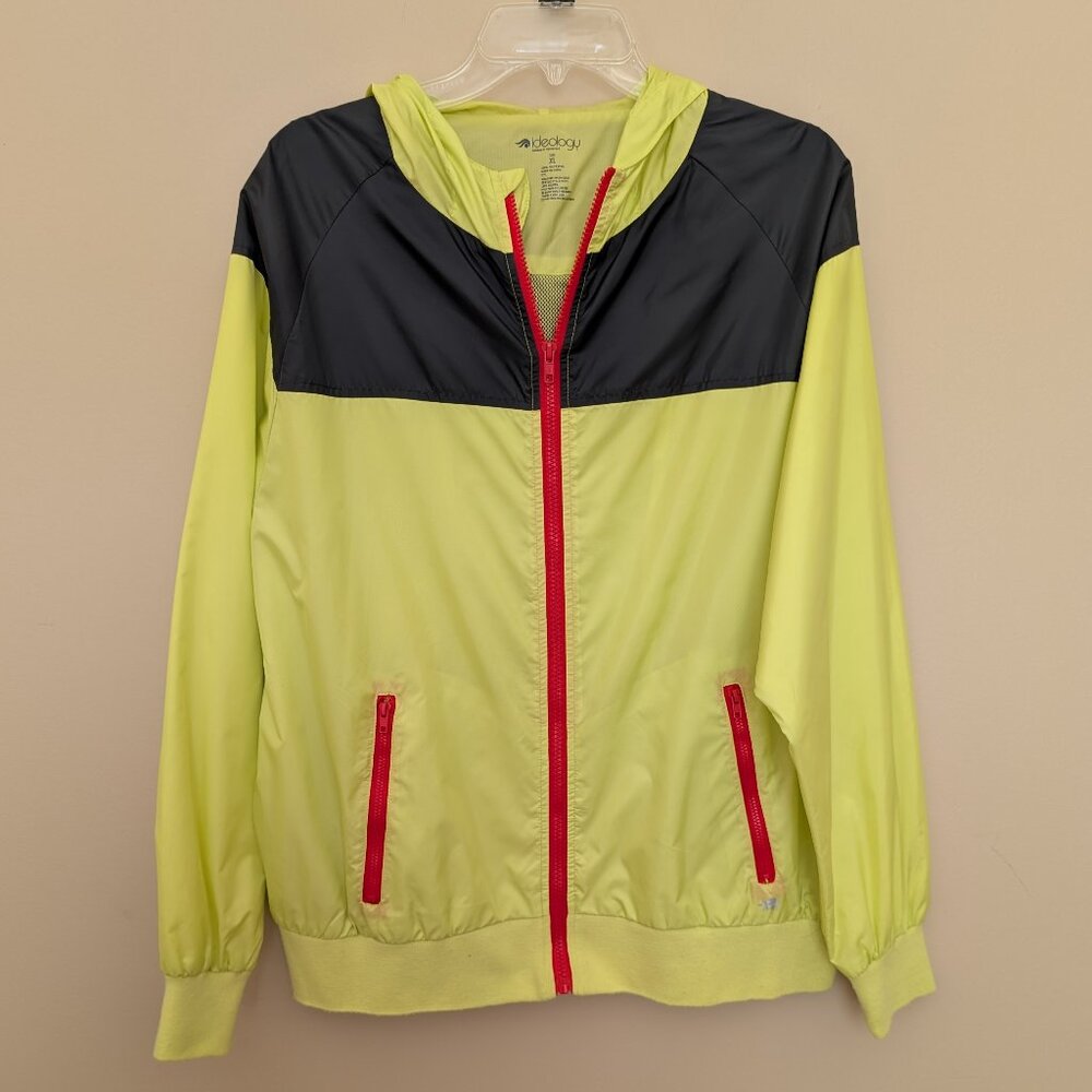 Ideology neon yellow, navy blue, red zip hooded wind breaker XL EUC